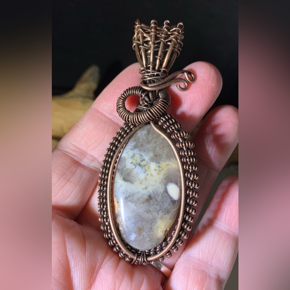 HANDCRAFTED JASPER GEMSTONE ANTIQUED COPPER WIRE PENDANT
